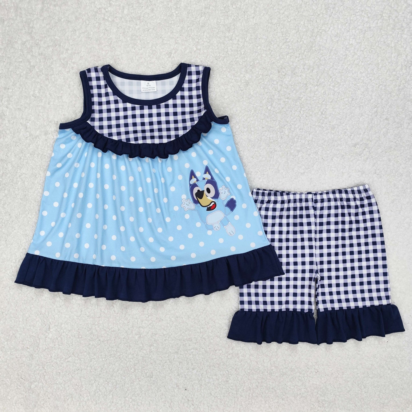 Baby Girls Hot Blue Sleeveless Plaid Polka Dots Cartoon Dogs Tunic Ruffle Short Set