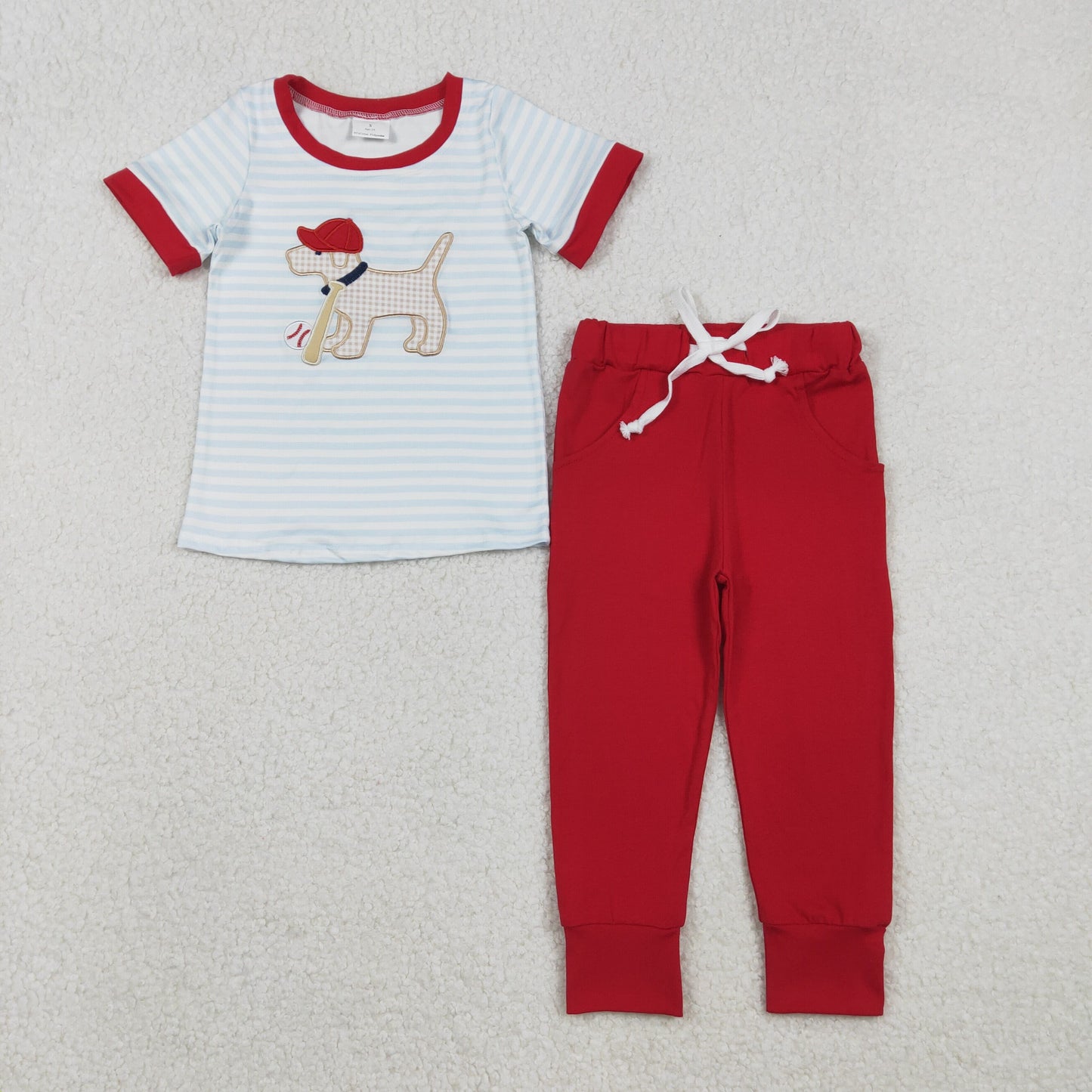 BSPO0613 Baby Boys Embroidery Baseball Dog Striped Top Blue Jogger Set