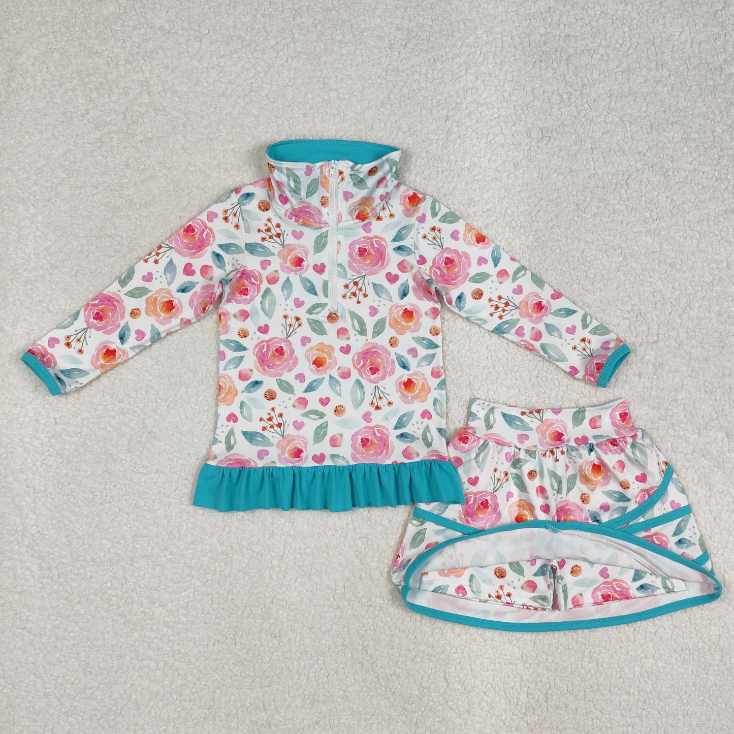 Baby Girls Blue Long Sleeves Pink Floral Zipper Pullover Patchwork Skirts Valentines Set