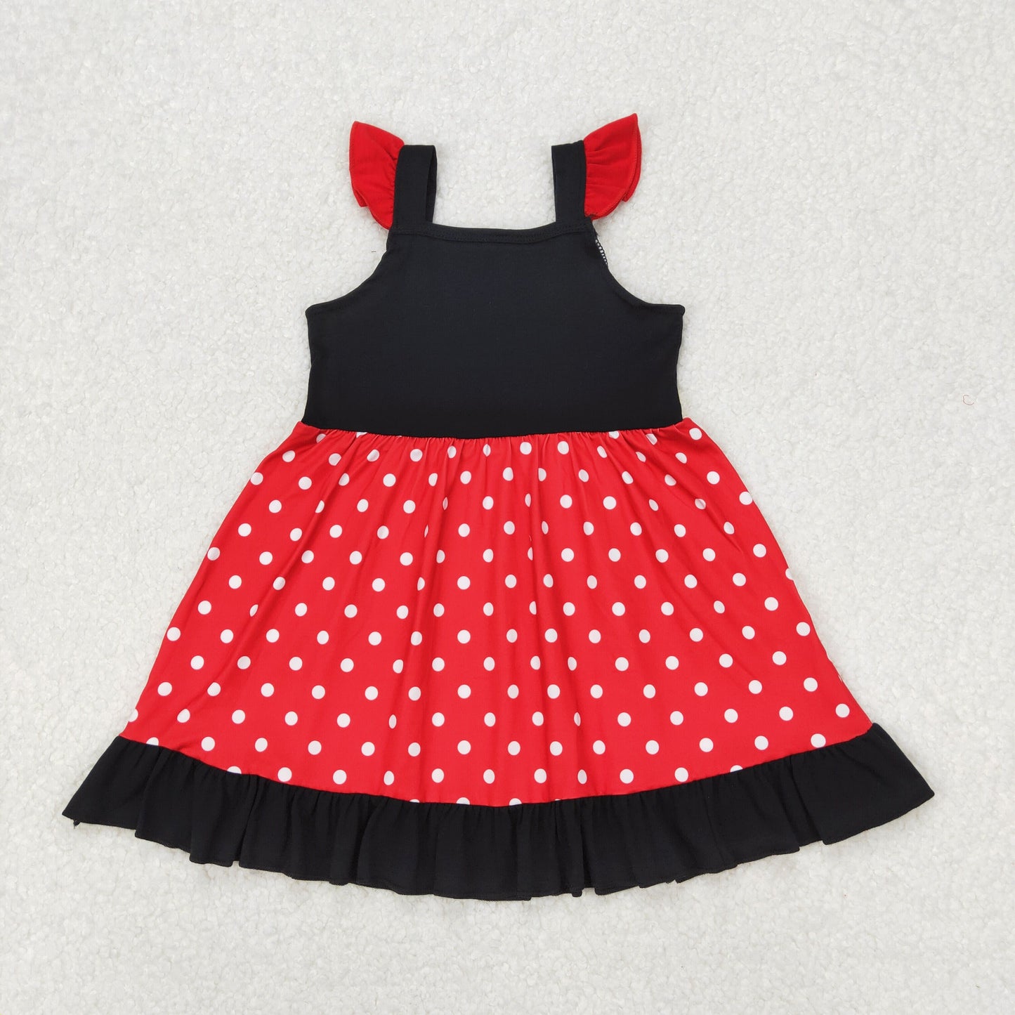 Baby Girls Red Flutter Sleeves Black Polka Dots Patchwork Ruffle Dresses