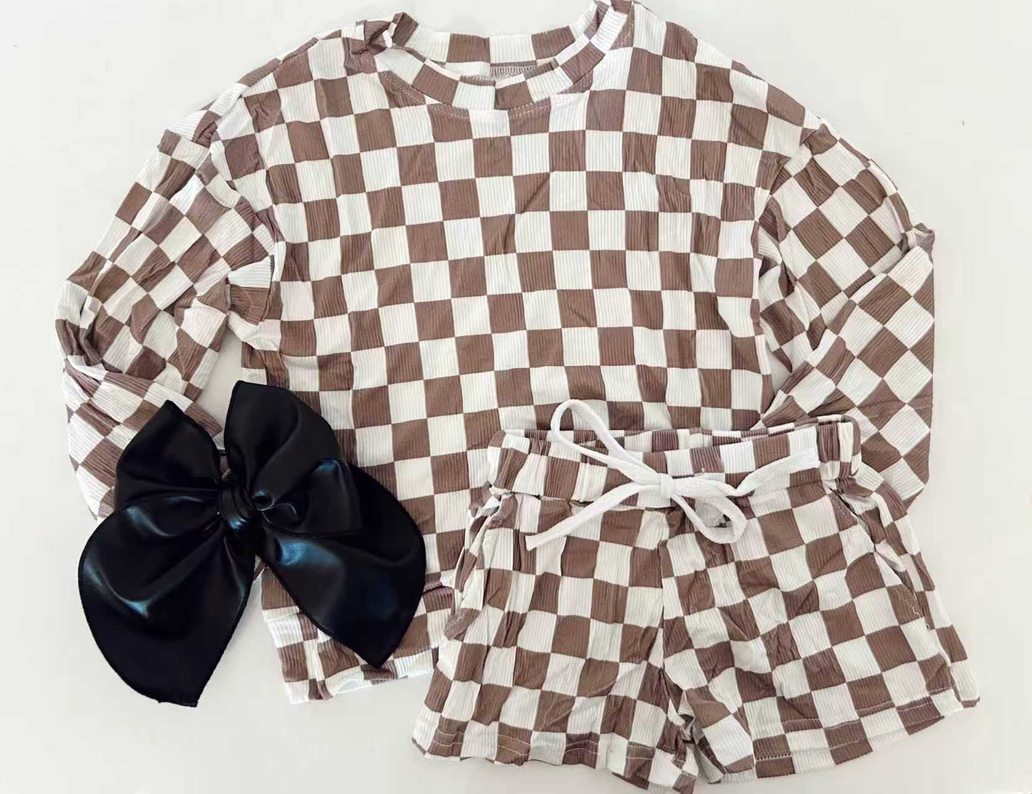 Preorder , 5 MOQ Baby Girls Kahiki Checked Long Sleeve Top With Shorts Set