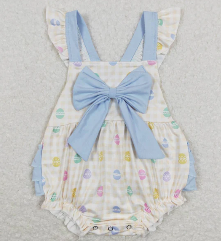 Sibling Baby Blue Bows Girls Colorful Eggs Romper Set And Dress