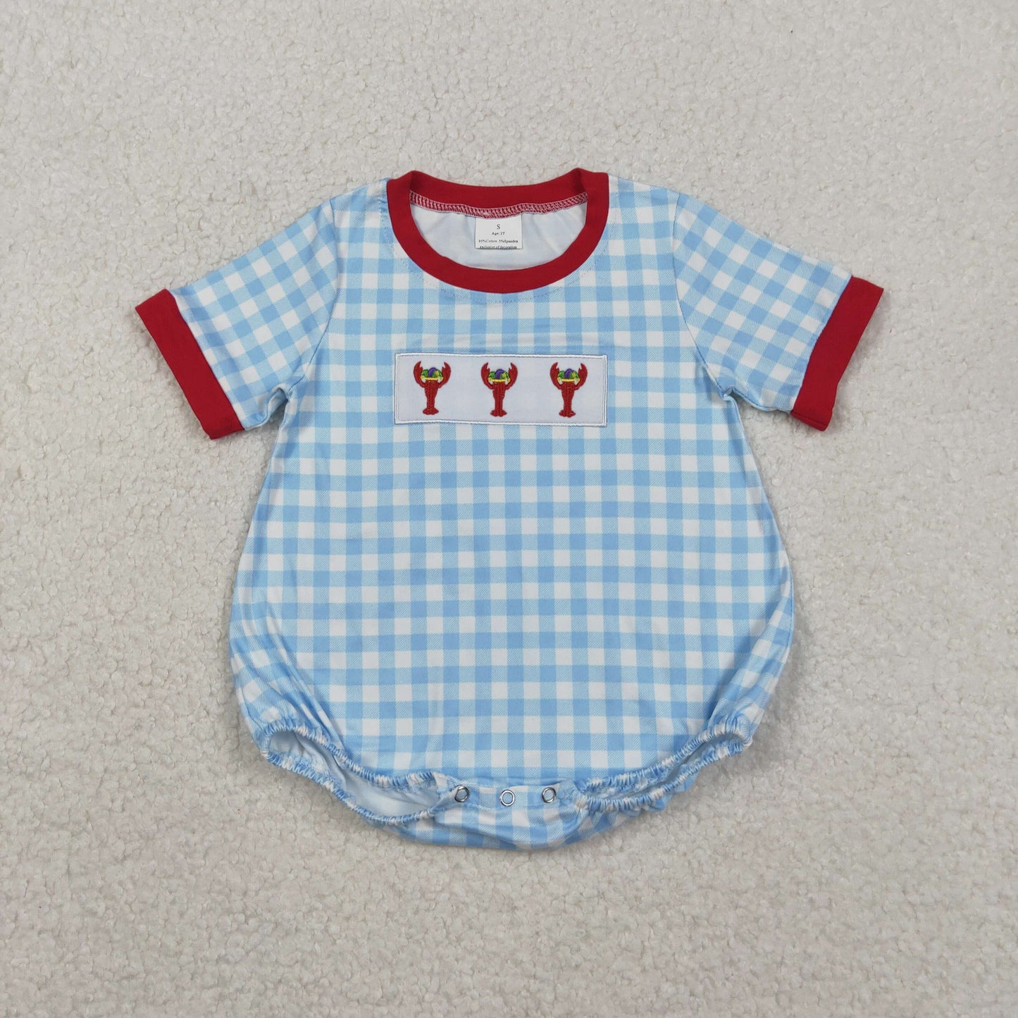 Baby Boys Mardi Gras Caryfish Blue Gingham Short Sleeve Bubble Romper