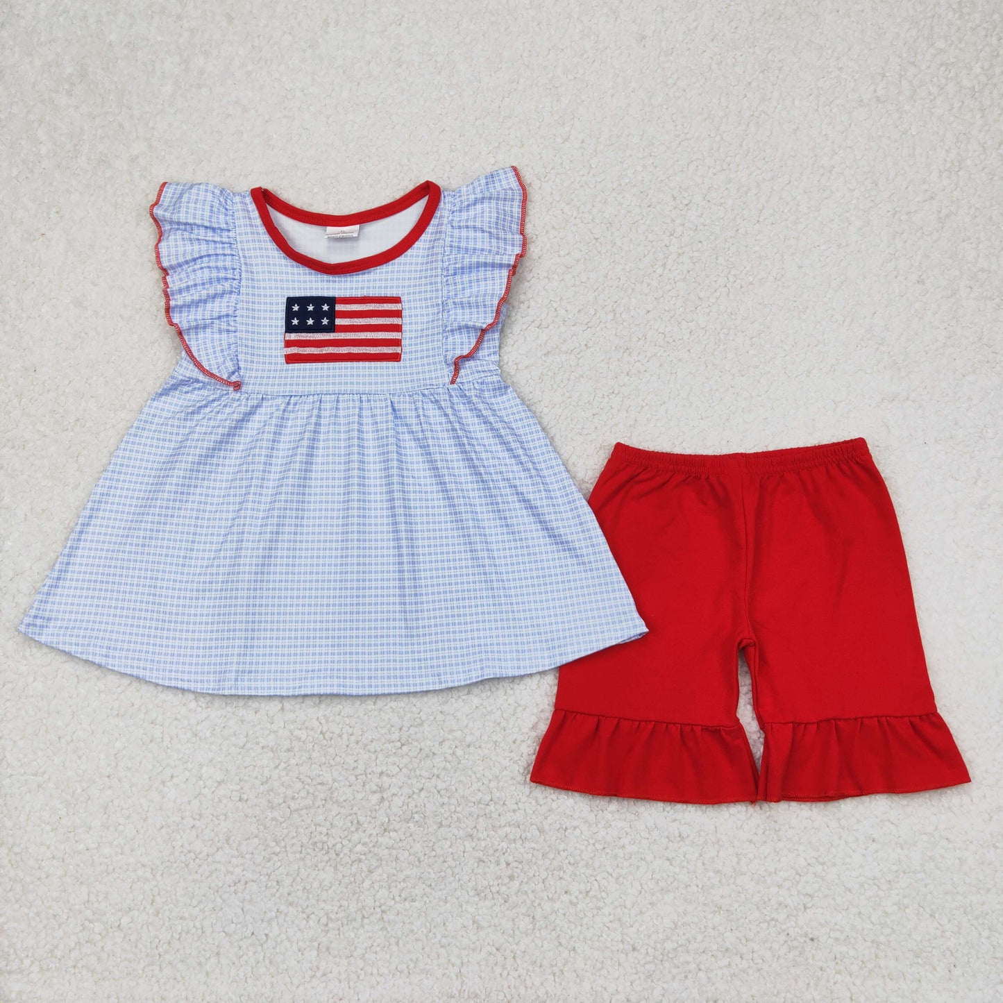 Baby Girls Blue Plaid Flutter Sleeves Flag Tunic Red Ruffle Short 4th Of July Set