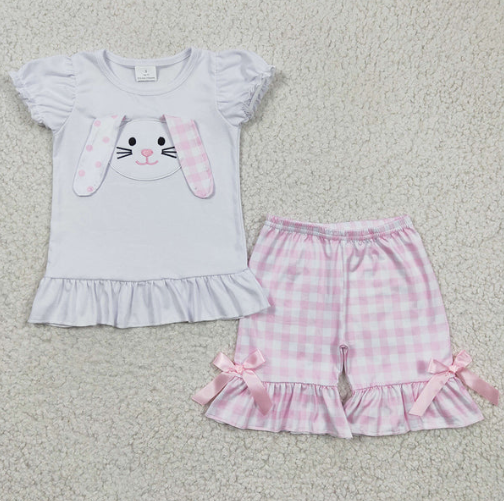 Baby Girls White Short Ruffle Sleeves Cute Embroidery Bunny Top Pink Plaid Shorts Easter Set