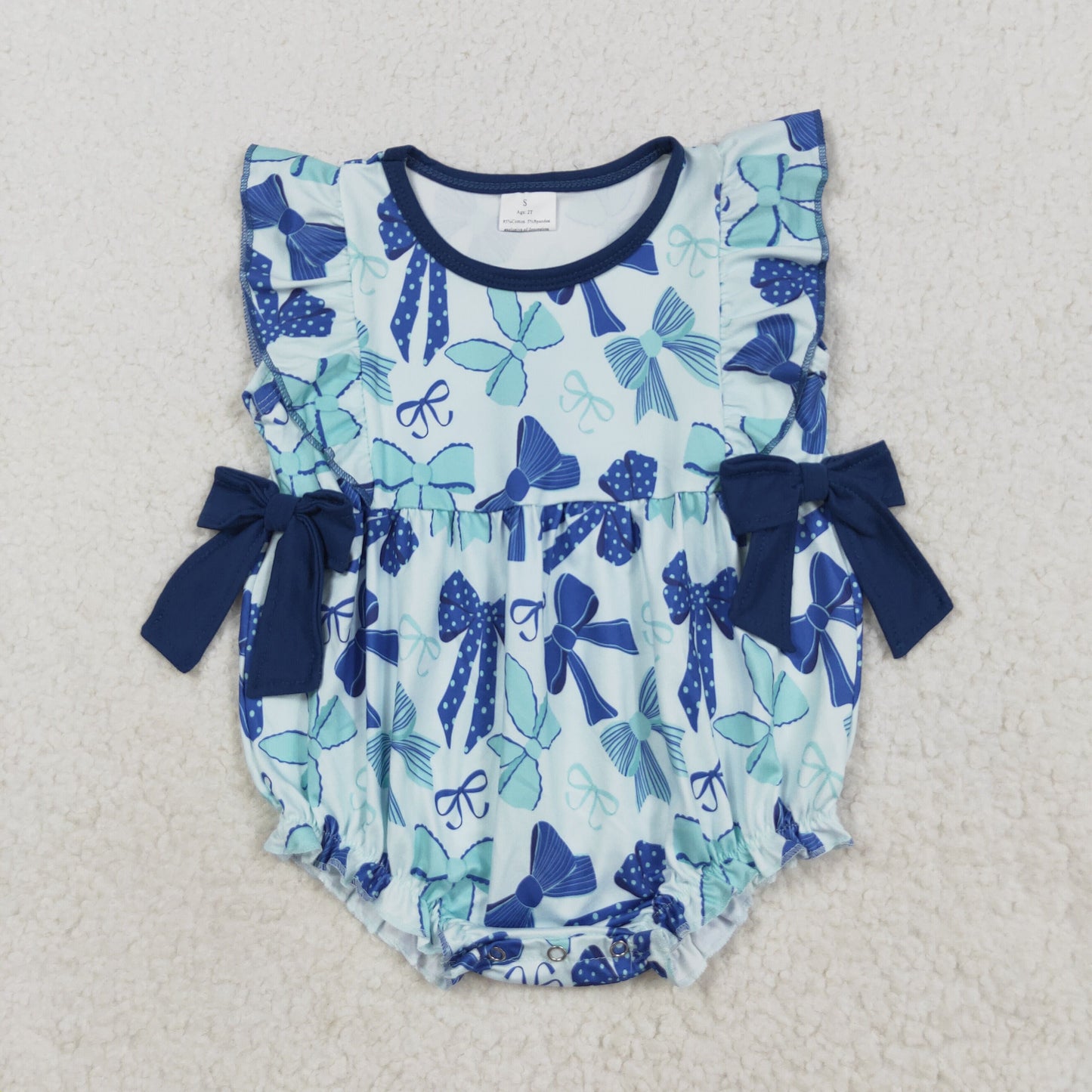 Baby Girls Blue Bow Flutter Sleeve Bubble Romper