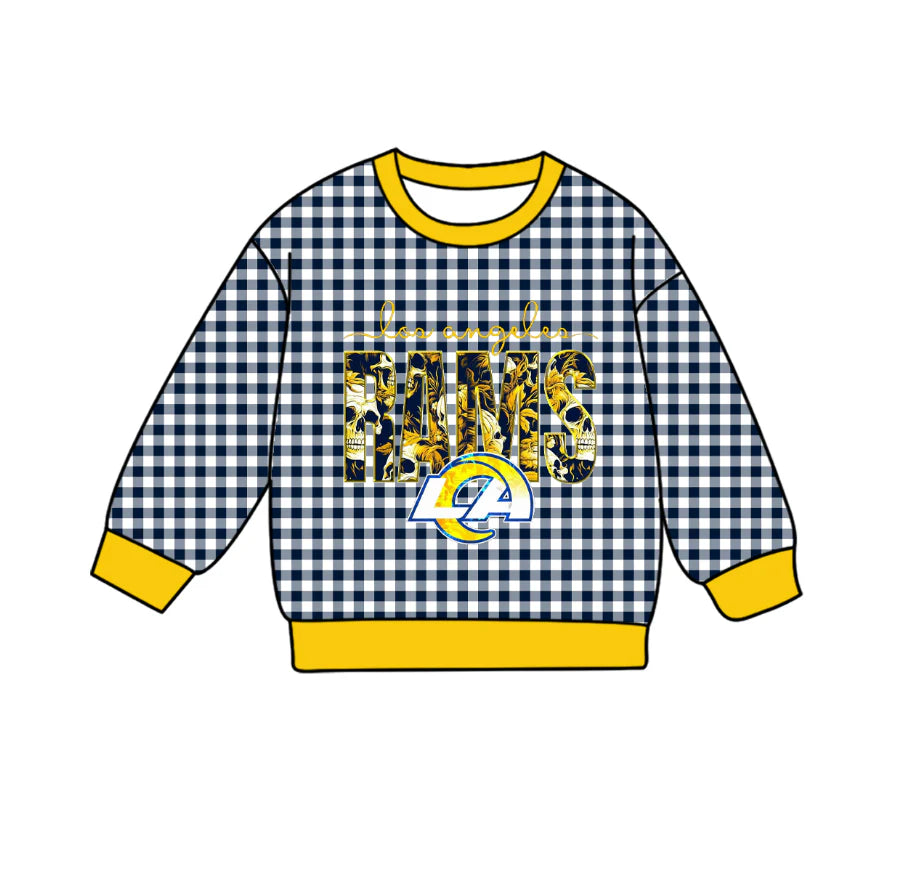 Preorder , 5 MOQ Baby Girls Sport Team Rams Blue GIngham Long Sleeve Top