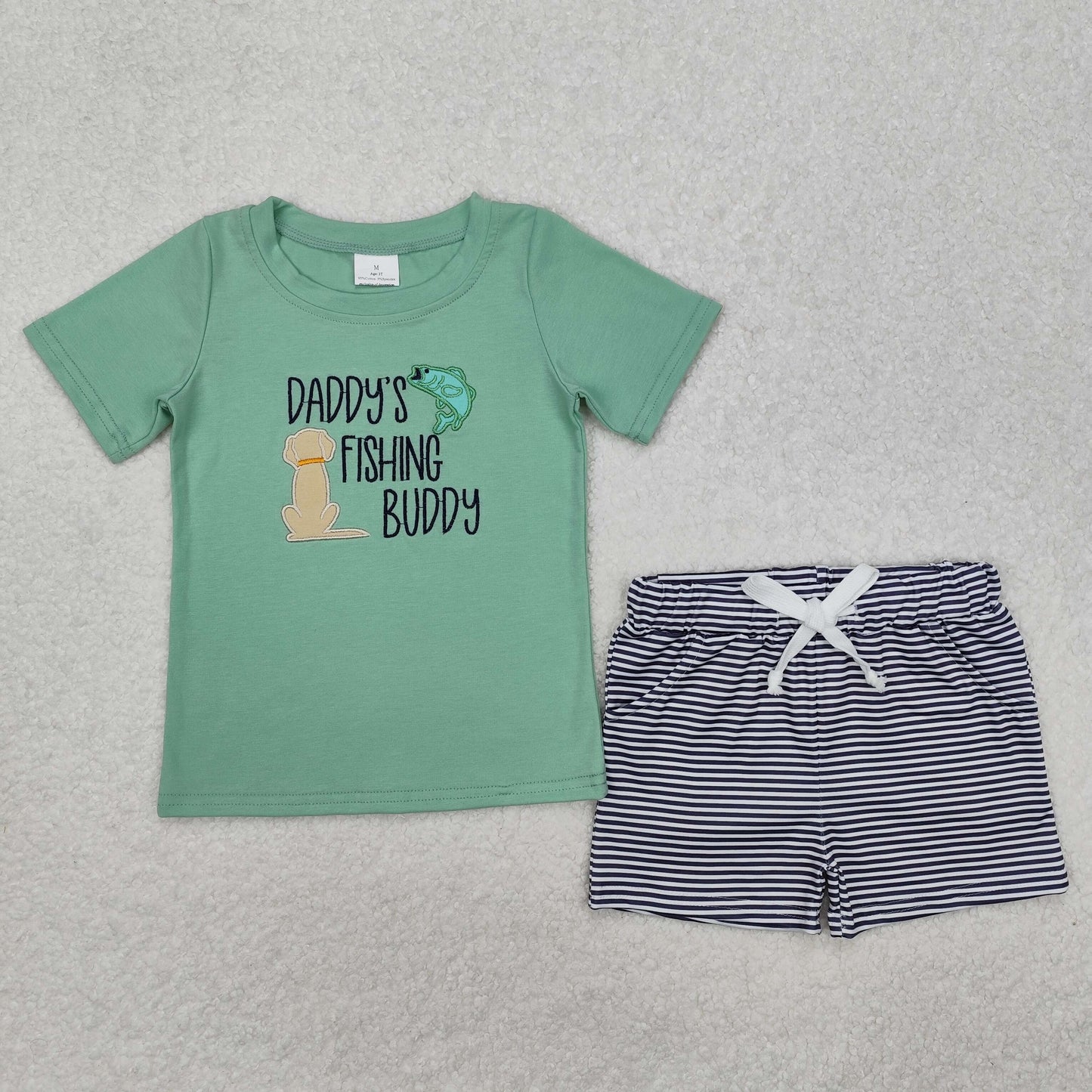 Baby Boys Embroidery Daddy's Fishing Stripe Shorts Set