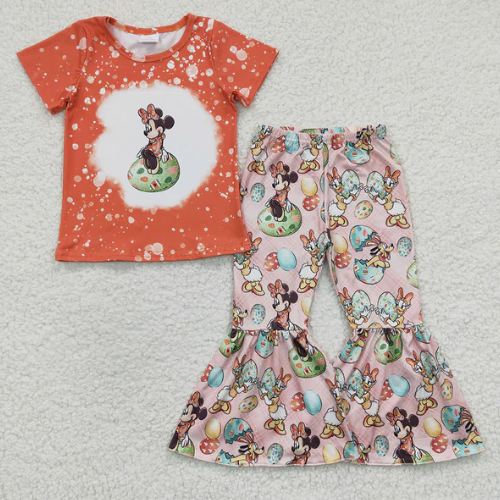 Baby Girls Peach Short Sleeves Cartoon Mouse Top Pink Bell Bottom Pant Set