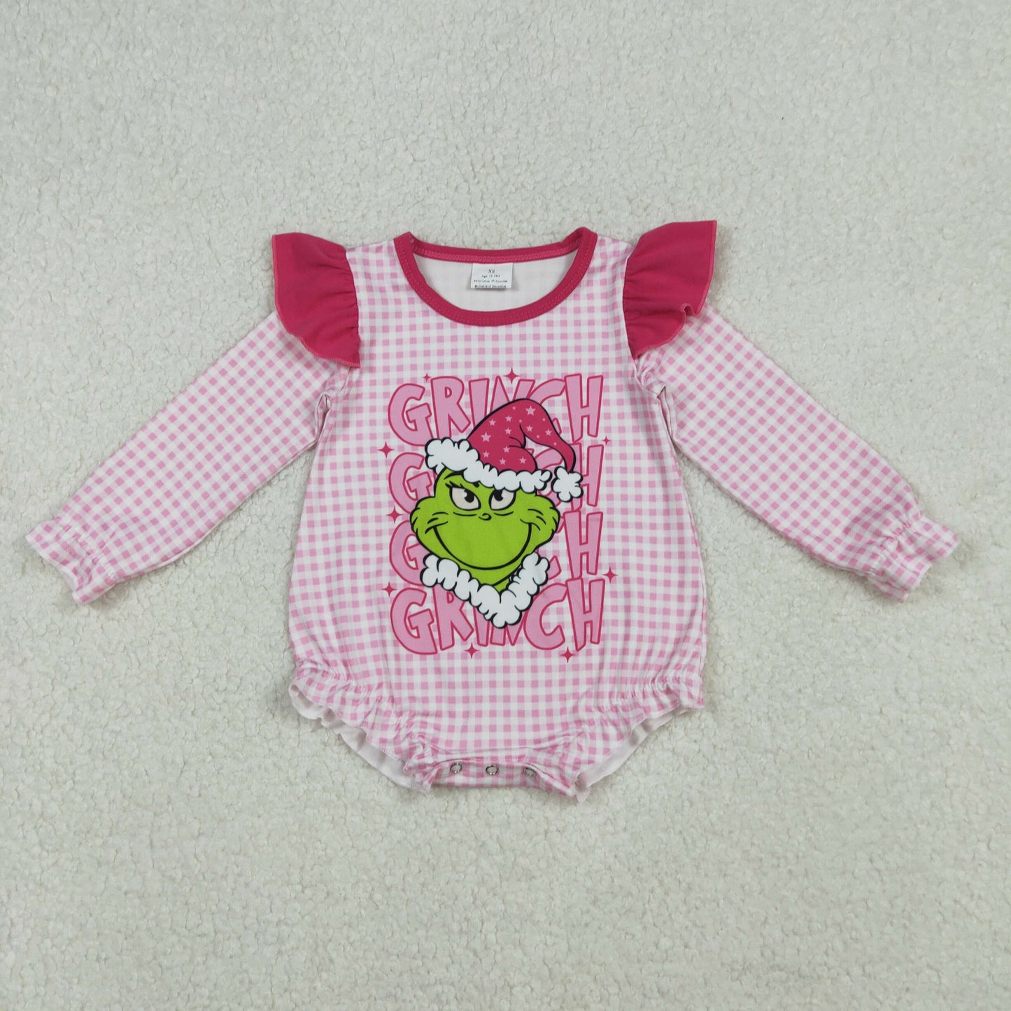 LR2554 Baby Girls Christmas Green Face Pink Gingham Bubble Romper