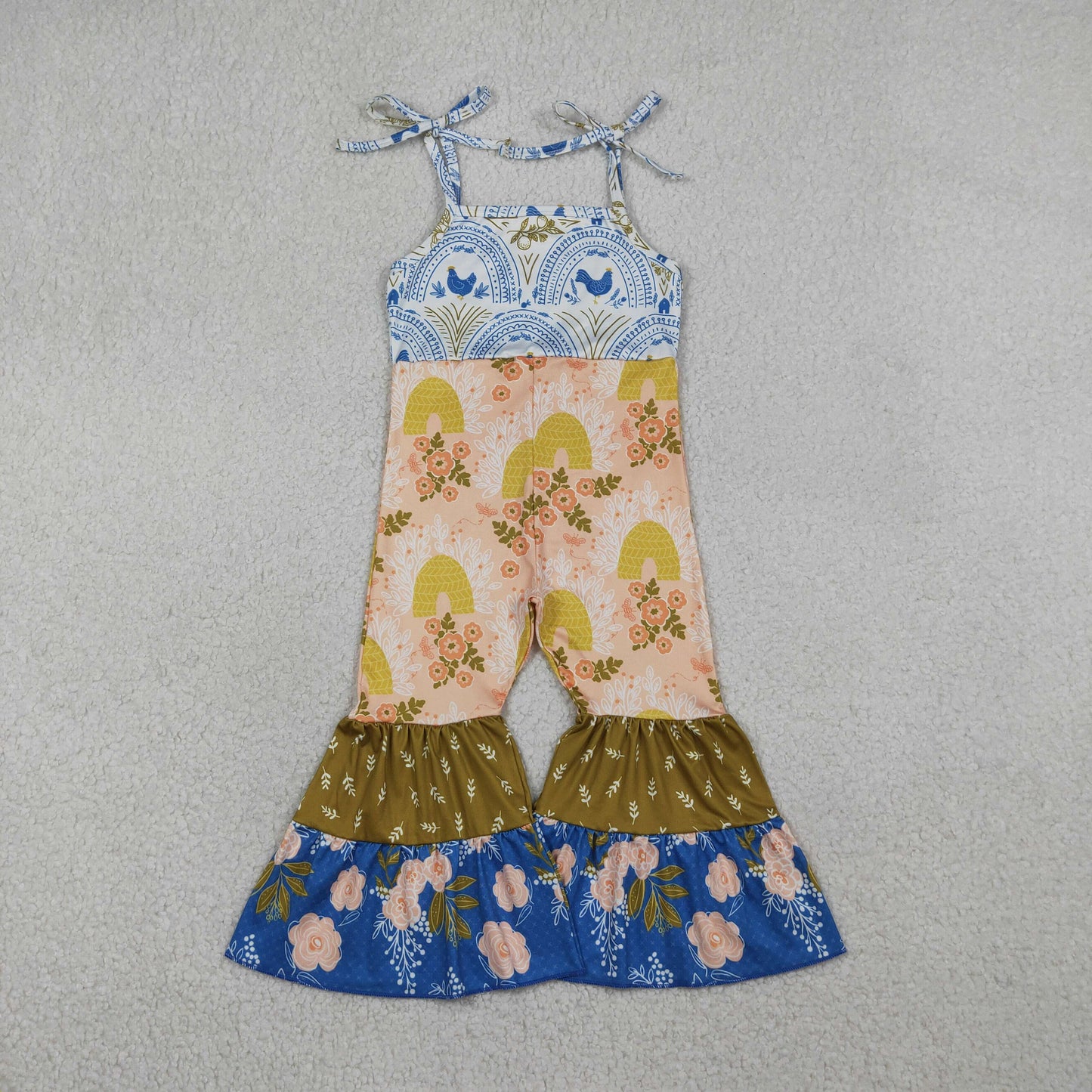 SR3582 Baby Girls Chicken Flowers Strap Jumpsuit