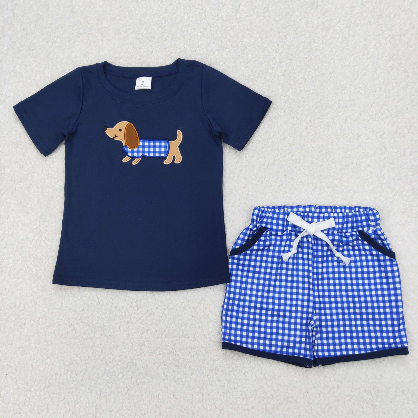 Baby Boys Navy Short Sleeves Dog Print Top Plaid Pockets Short Set