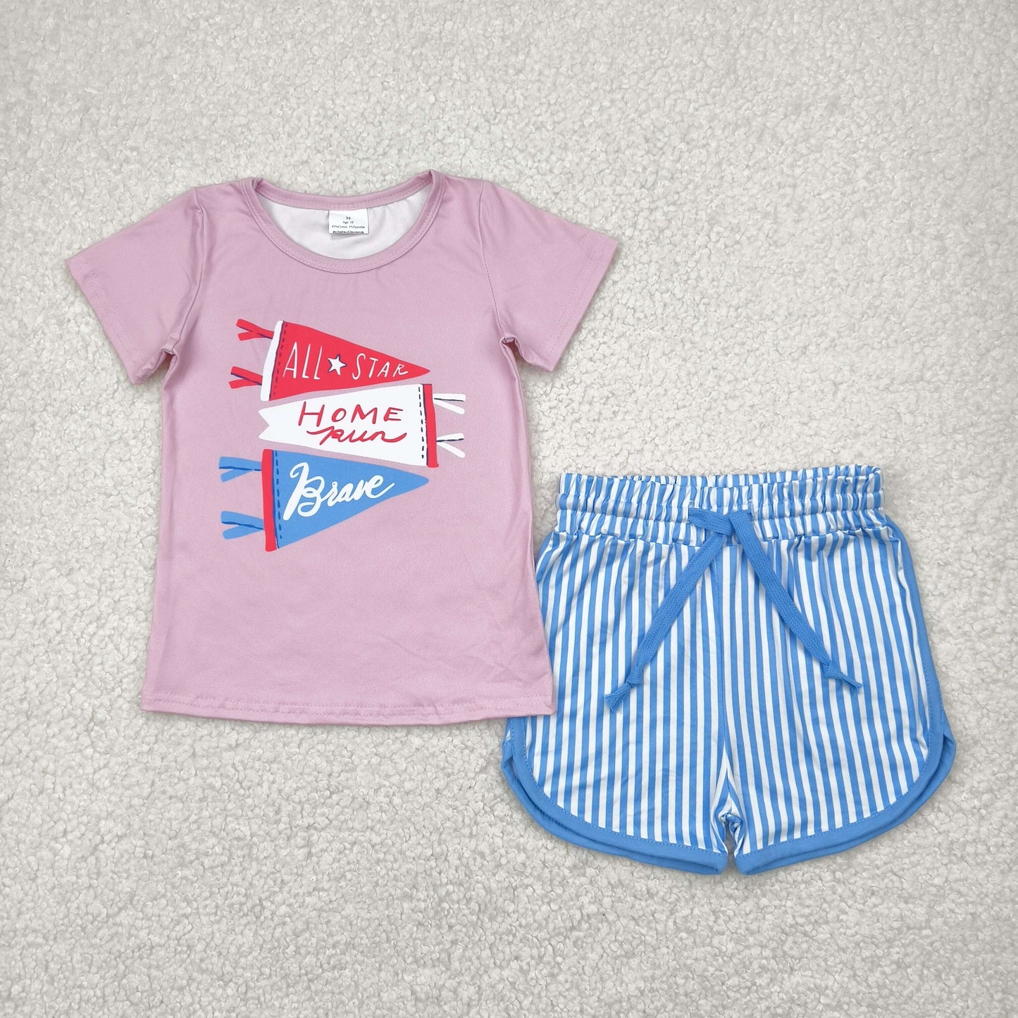 Baby Girls Short Sleeves Flags Top Blue Stripe Short Set