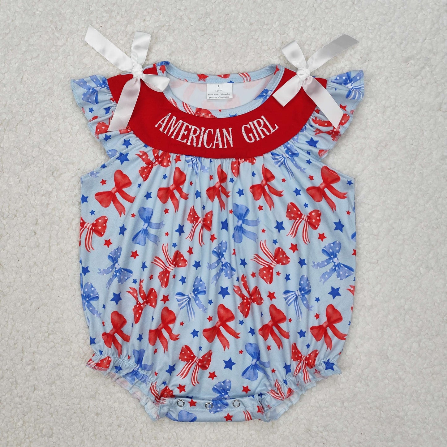Baby Girls Red Flutter Sleeves Embroidery AMERICAN GIRL Red Blue Bows 4th Of July Romper