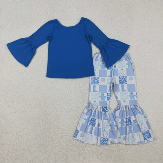 Sibling Girls Solid Color Top With Bell Bottom Pants Set