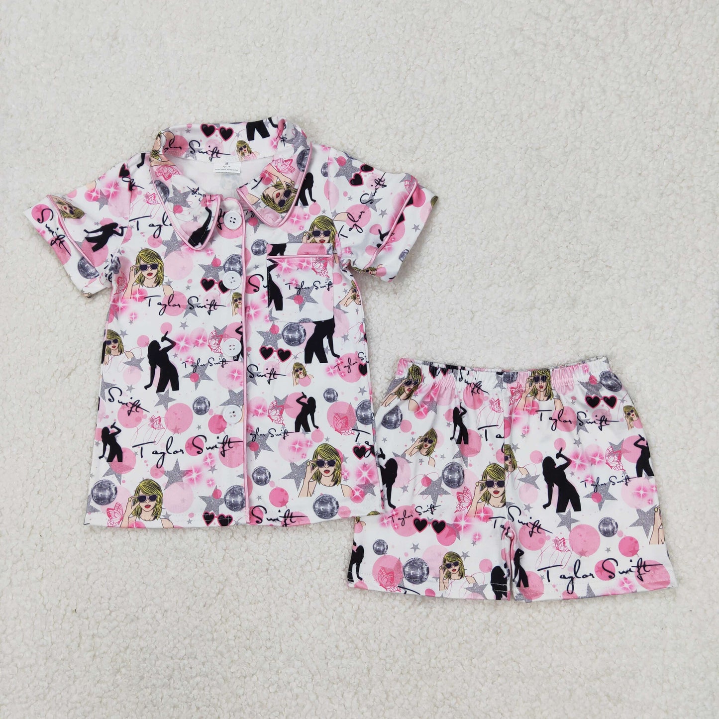 Baby Girls Pink Short Sleeves Button Down Singer Guitars Print Top Shorts Pajamas Set