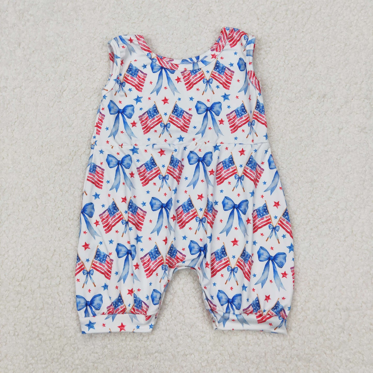Baby Girls Sleeveless Red Blue Bows Flags 4th Of July Rompers