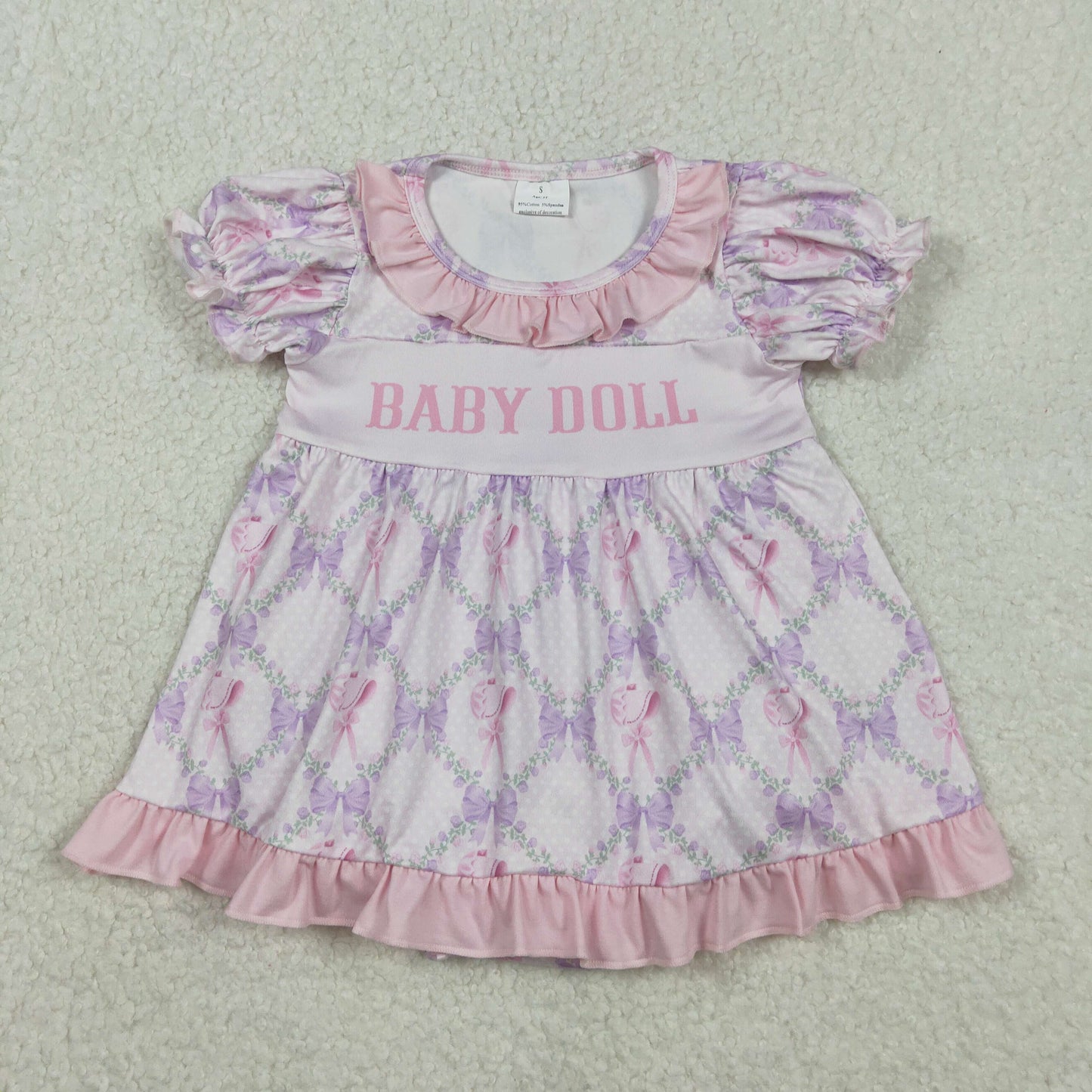 SR3291 Baby Doll Purple Bow Short Sleeve Bubble Romper