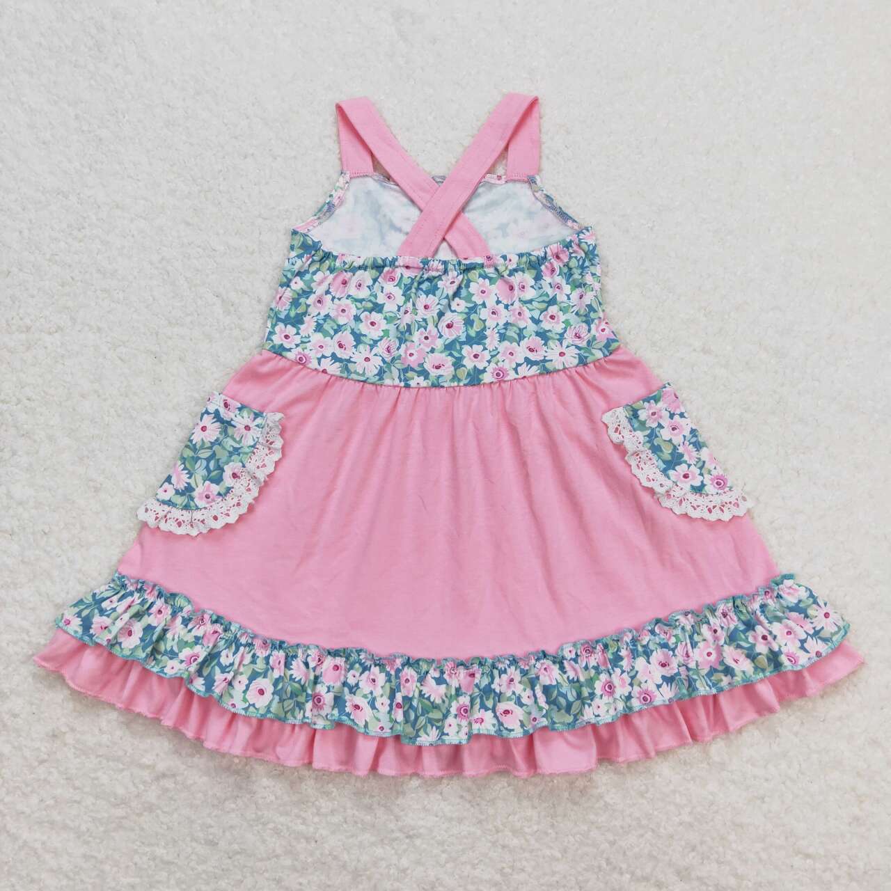 Kids Girls Floral Pink Strap Dress With Pocket