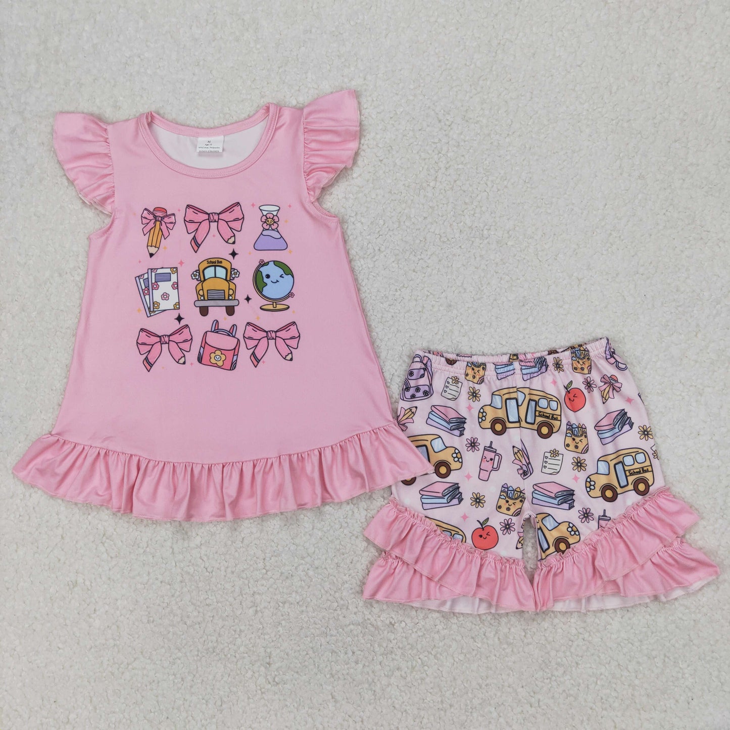Baby Girls Peach Flutter Sleeves Pencils Bows Tunic Ruffle Shorts Set