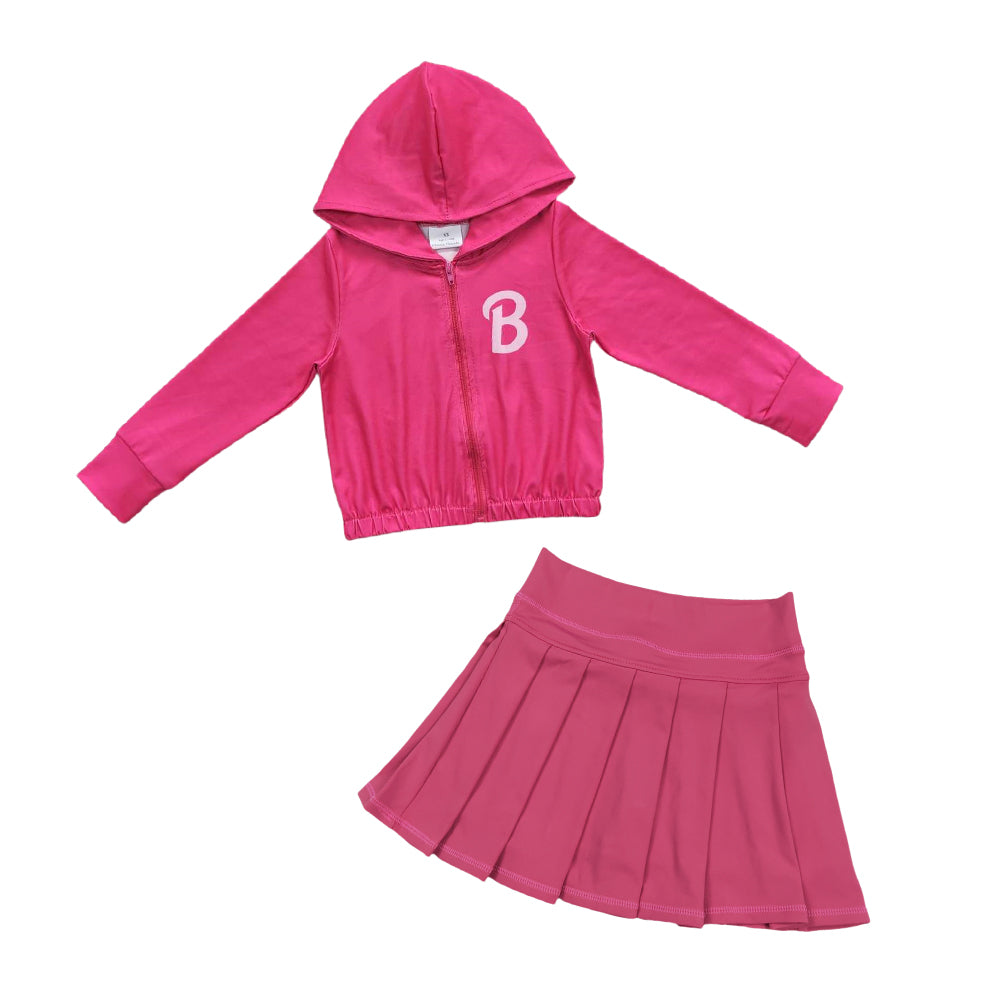 Kids Girls B Print Hot Pink Hoodie Top Yoga Skorts Set