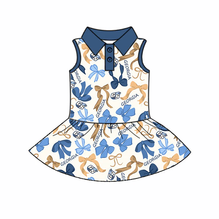 Preorder 5 MOQ,Baby Girls Sleeveless Blue Yellow Bows Georgia Button Team Knee length Dresses