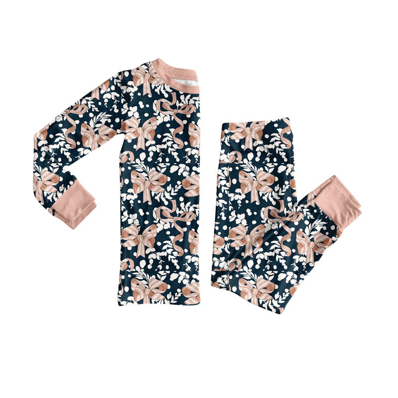 Preorder , 5 MOQ Baby Girls Bows in navy long sleeve pajama set