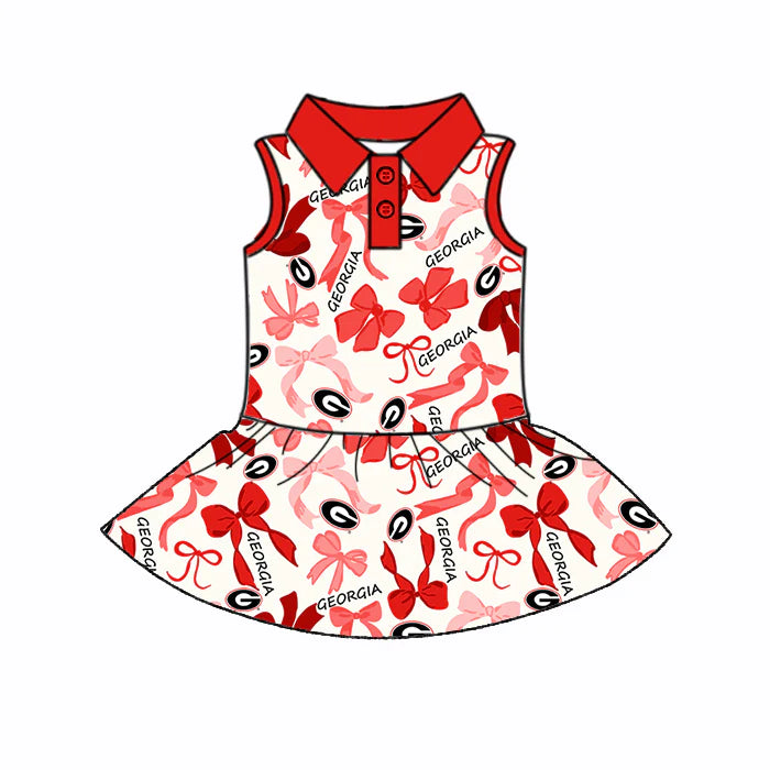 Preorder 5 MOQ,Baby Girls Red Sleeveless Bows Georgia Button Team Knee Length Dress