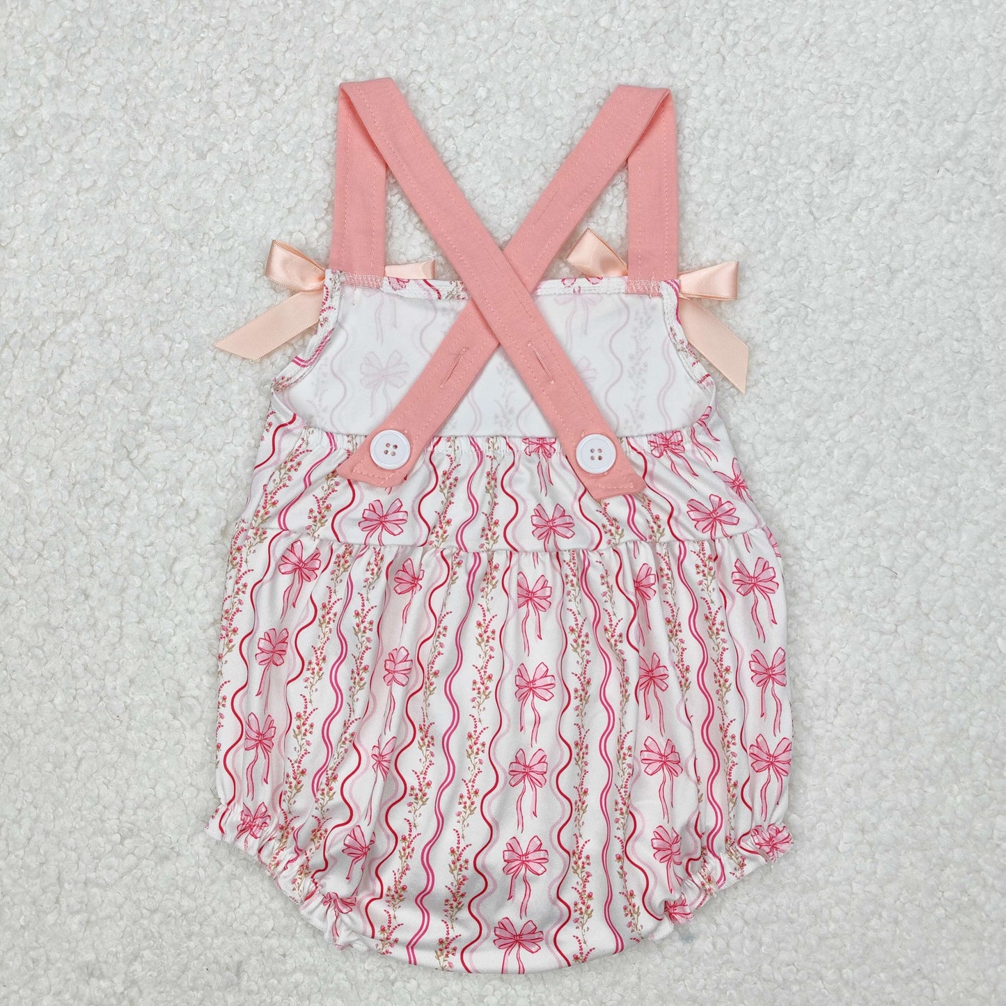 Baby Girls Peach Straps Bows Stripe Valentines Rompers