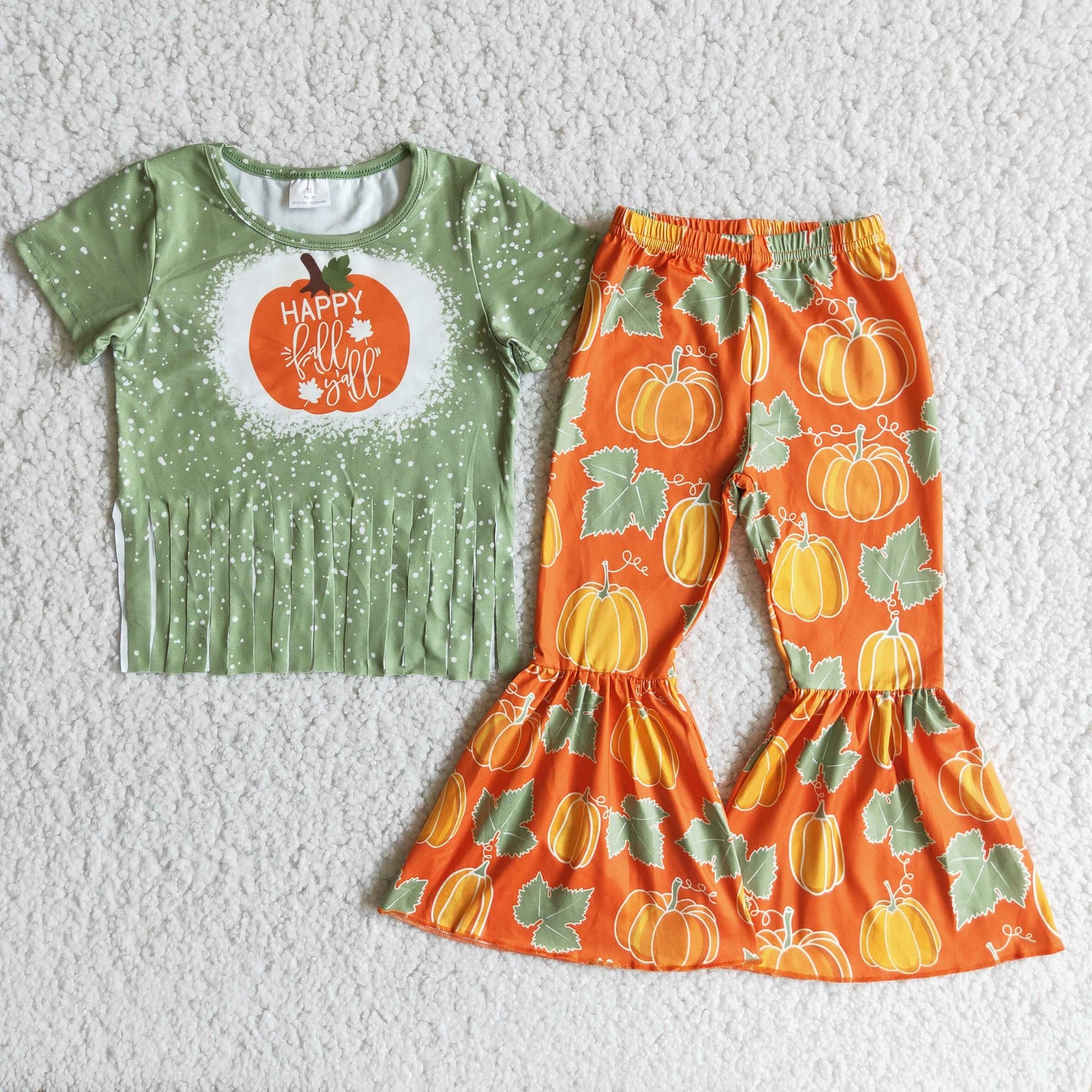 B10-13 happy fall pumpkin bell bottom pants set