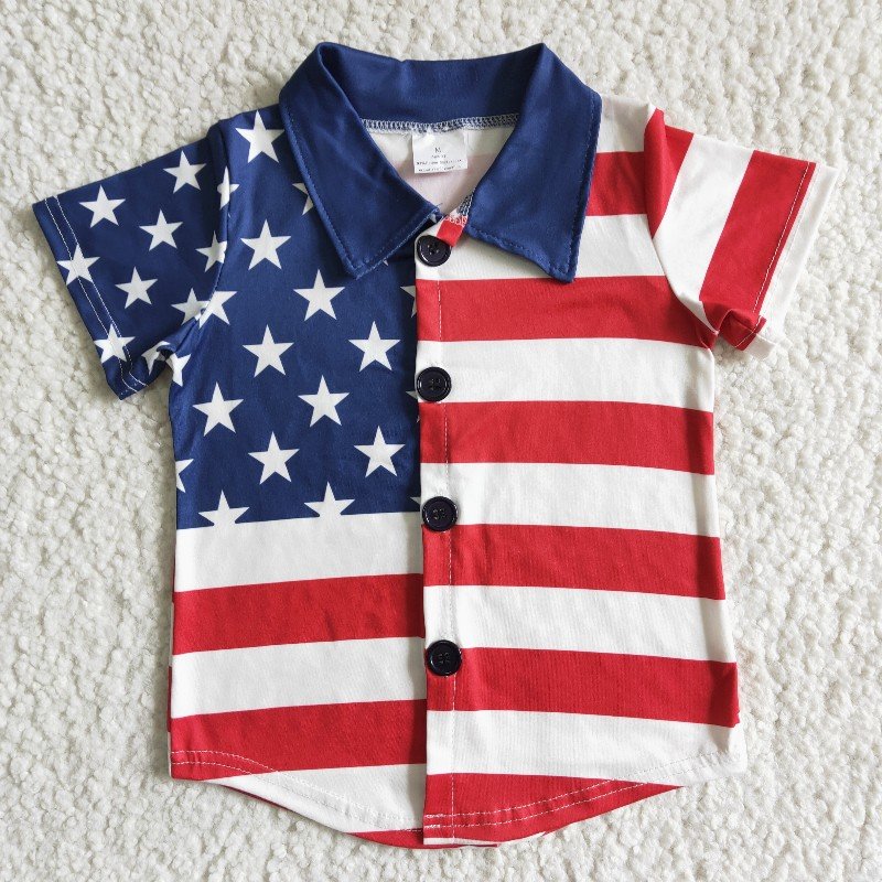 Sibling July 4th Red White Blue Stars Striped Dress Shirt Top