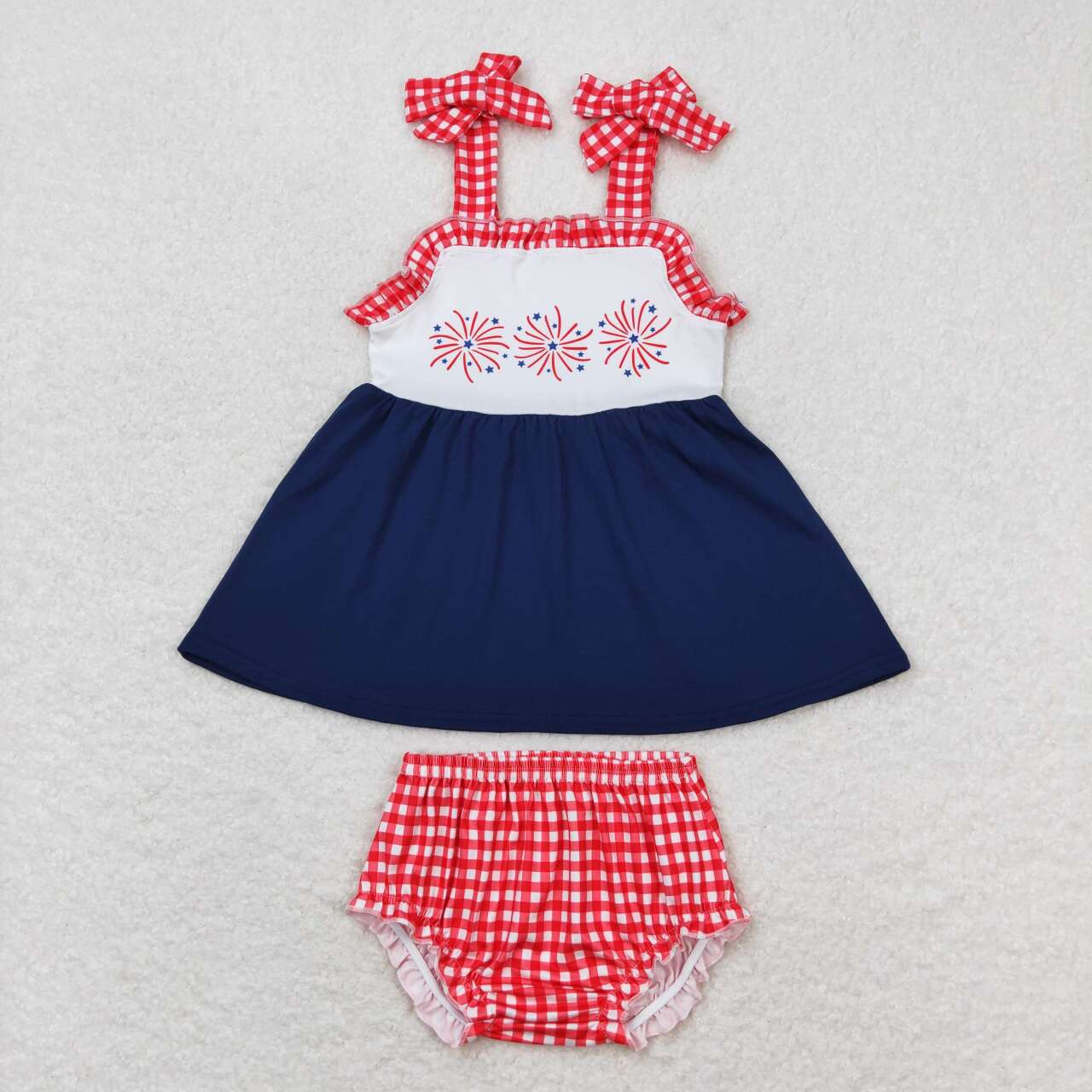 Baby Girls Red Plaid Strap Fireworker Tunic Bummies 4th Of July Set