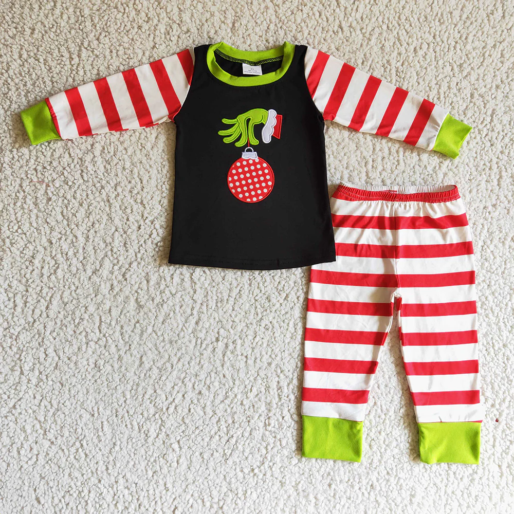 Sibling Design Christmas Cartoon Hands Striped Pajama Outfit
