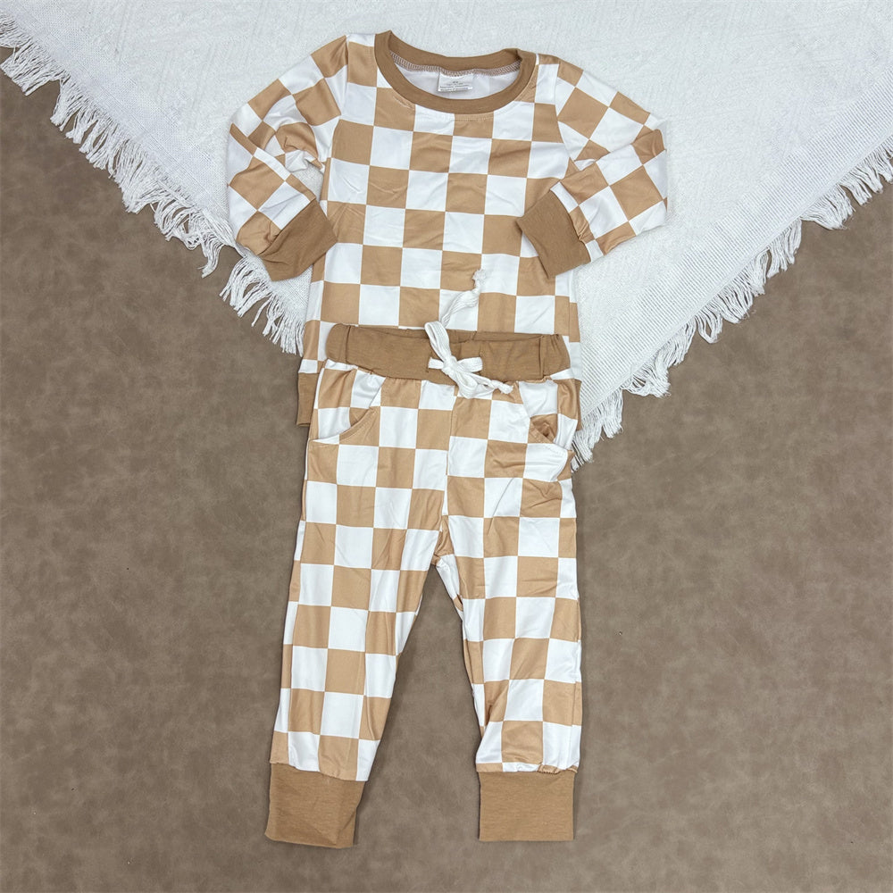 4 Color Sibling Boys Checked Long Sleeve Top With Jogger Set