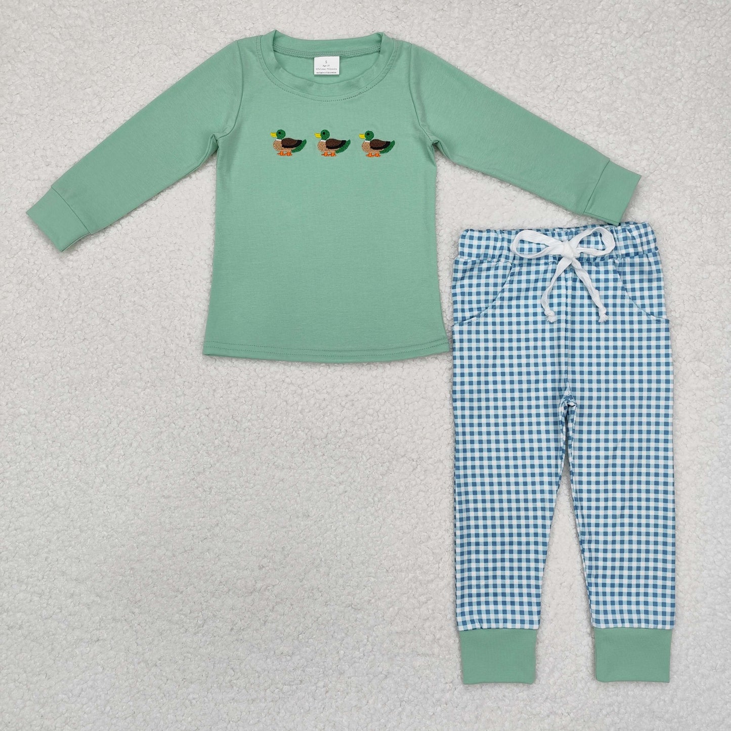 Baby Boys Mallard Duck Top Green Gingham Pants Set