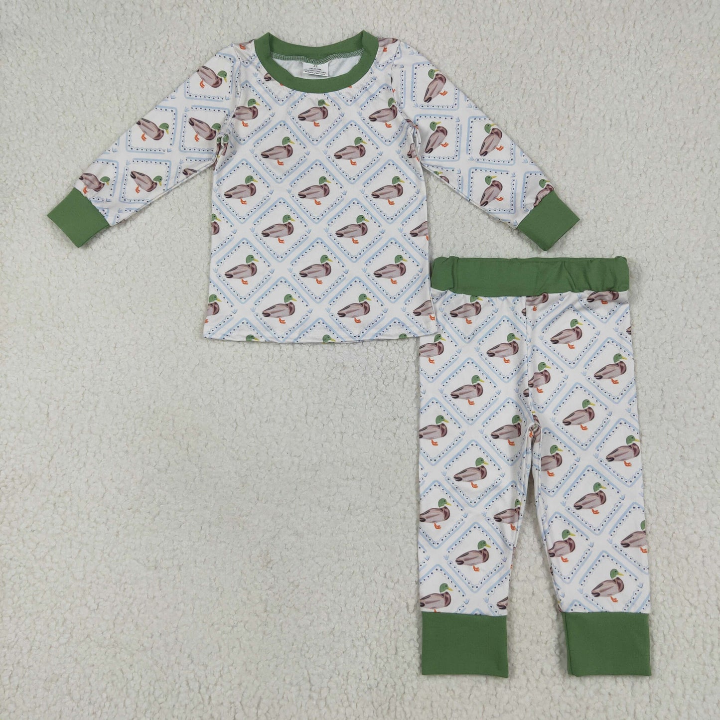 Sibling Boys Green Ducks Checked Pajamas Clothes Set Zipper Romper Blankets