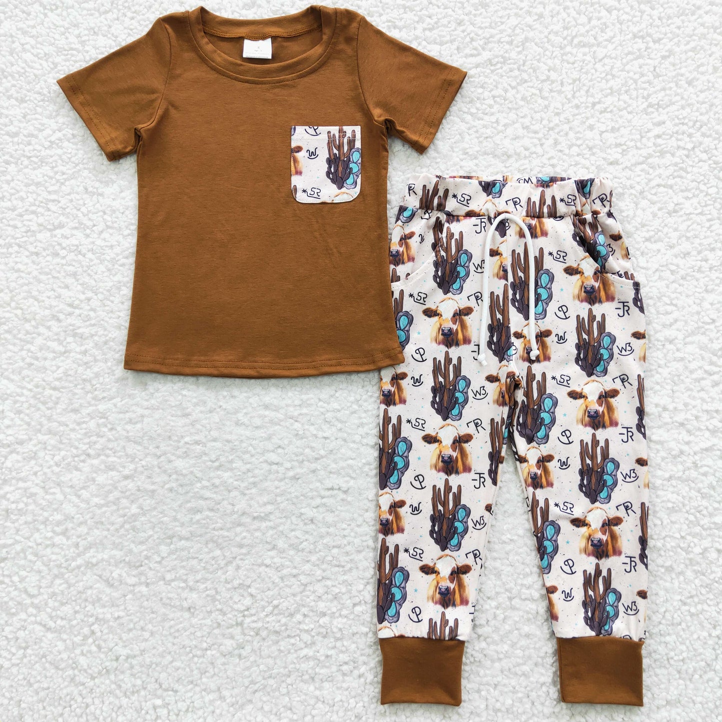 Baby Boys Brown Short Sleeves Pocket Top Cactus Highland Cows Western Set