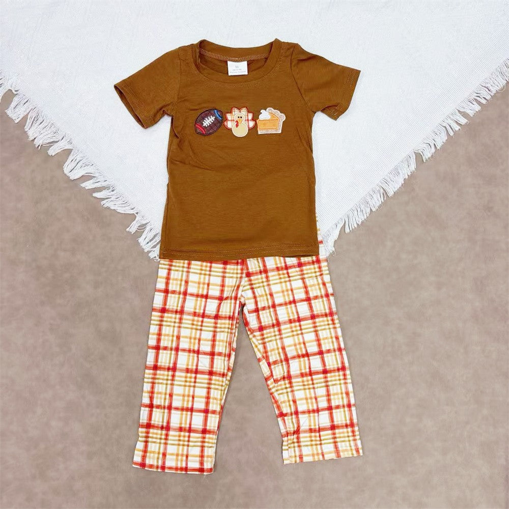Kids Boys Thanksgiving Day Embroidery Turkey Outfit