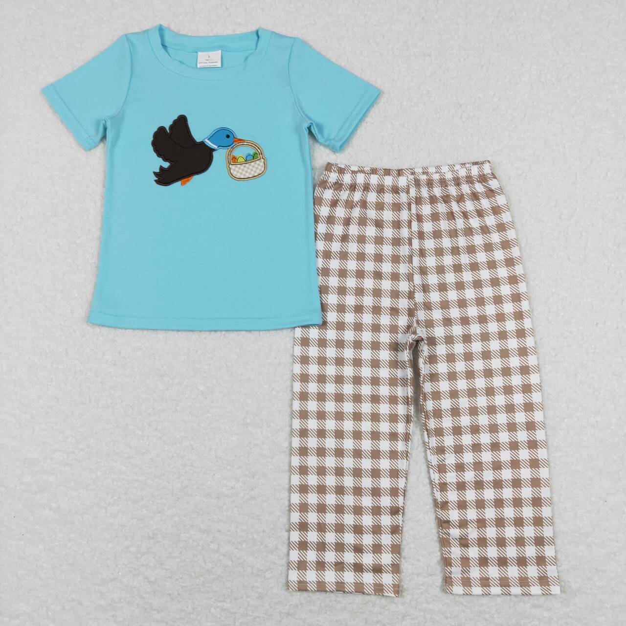 Sibling Baby Girls Boys Blue Short Sleeves Embroidery Duck Eggs Top Khaki Plaid Pant Easter Set