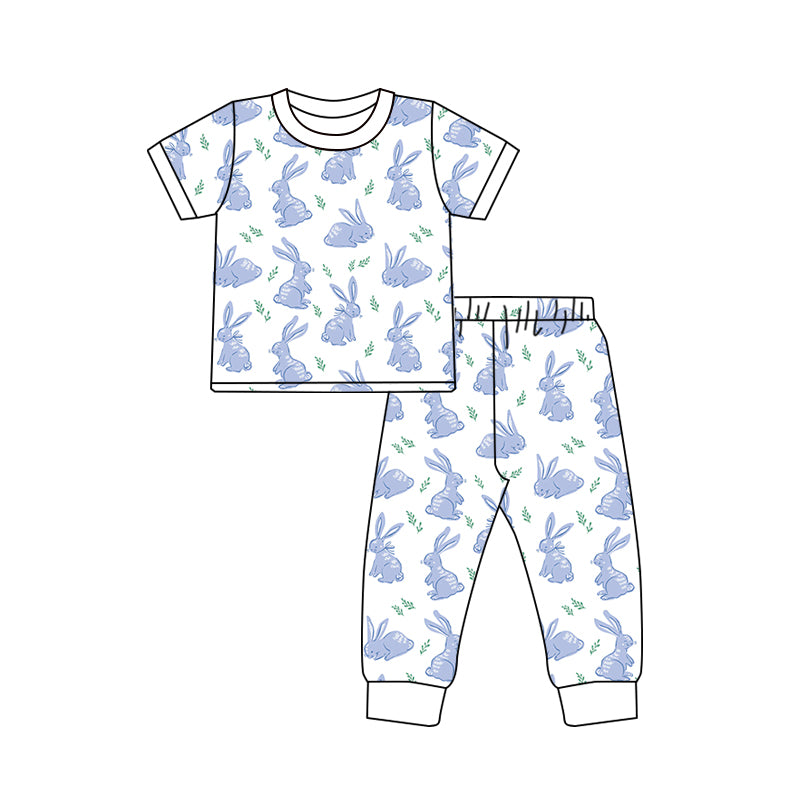 Baby Boys Short Sleeves Blue Bunny Top Pants Easter Pajamas Set Preorder