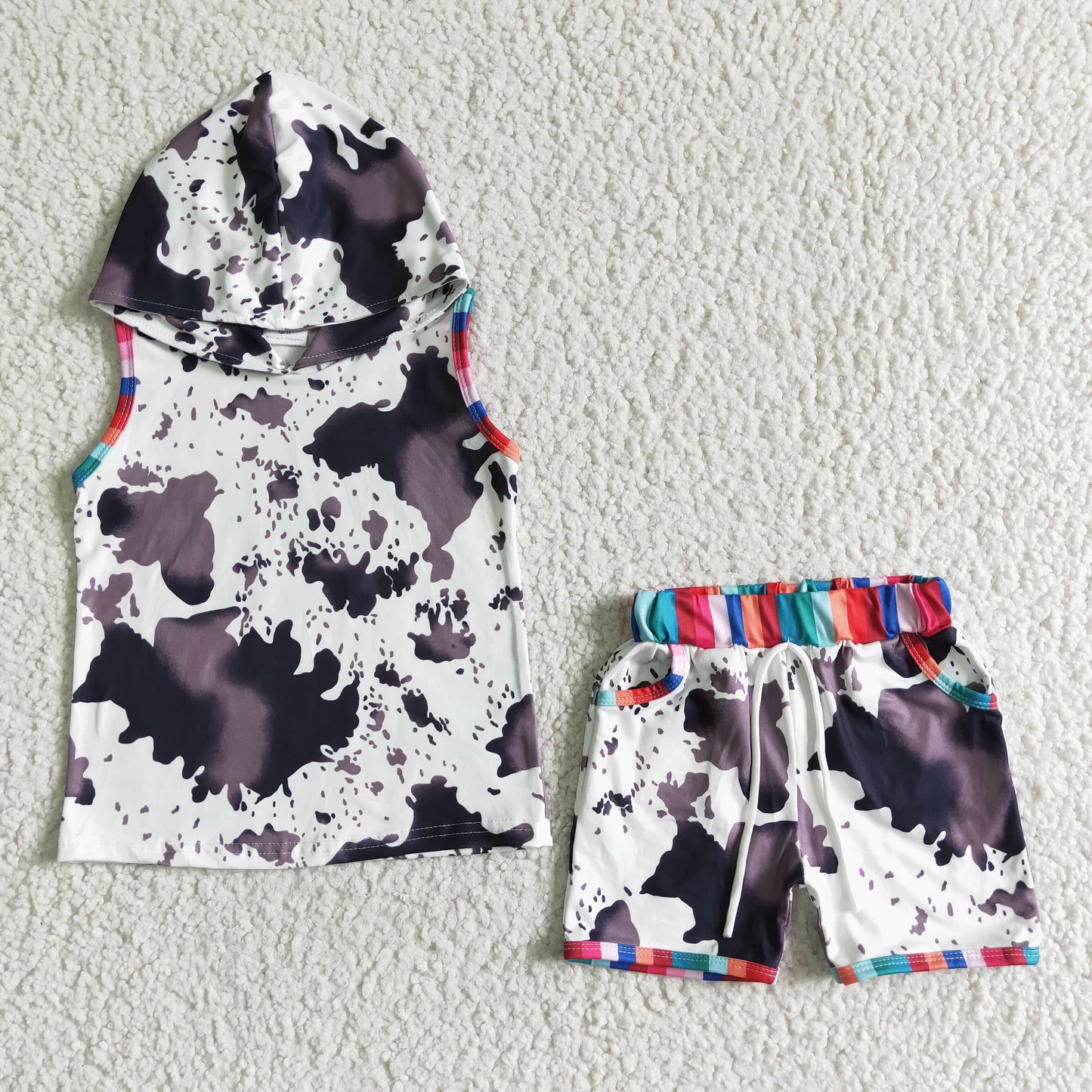 BSSO0050 Baby Summer Cow Print Hoodie Top Set