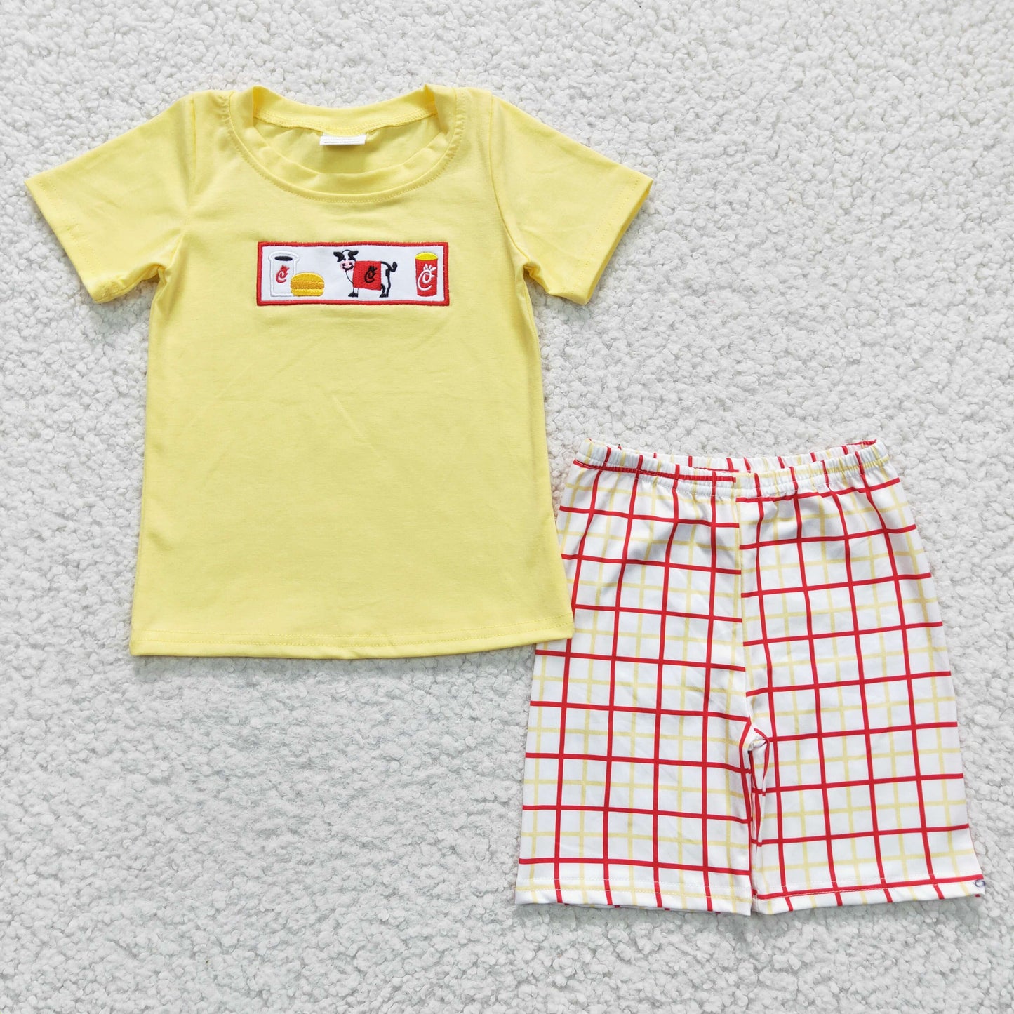 BSSO0112 Baby Boy Yellow Cow Farm Embroidery Summer Outfit