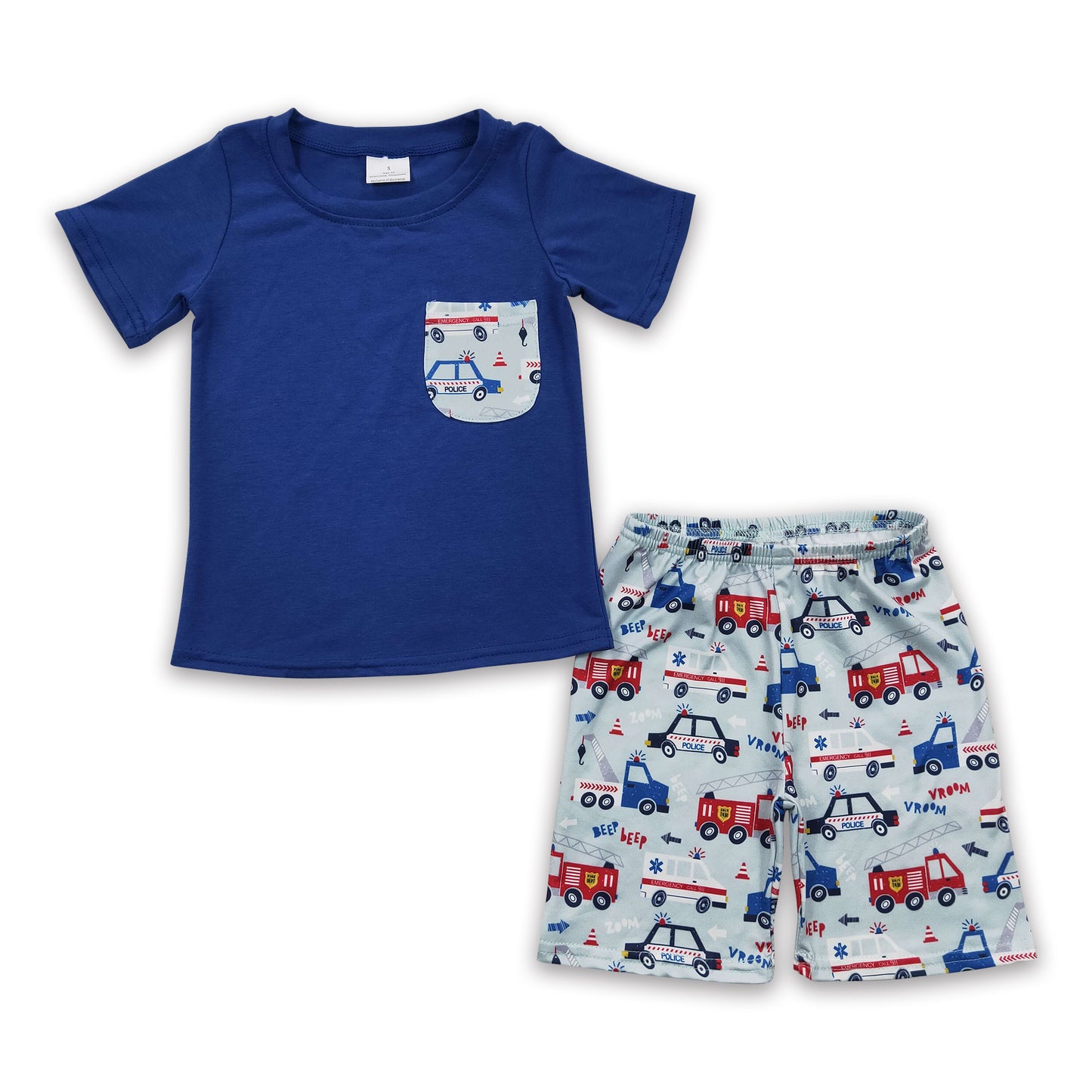BSSO0121 Kids Boys Blue Top Car Shorts Set On Sale