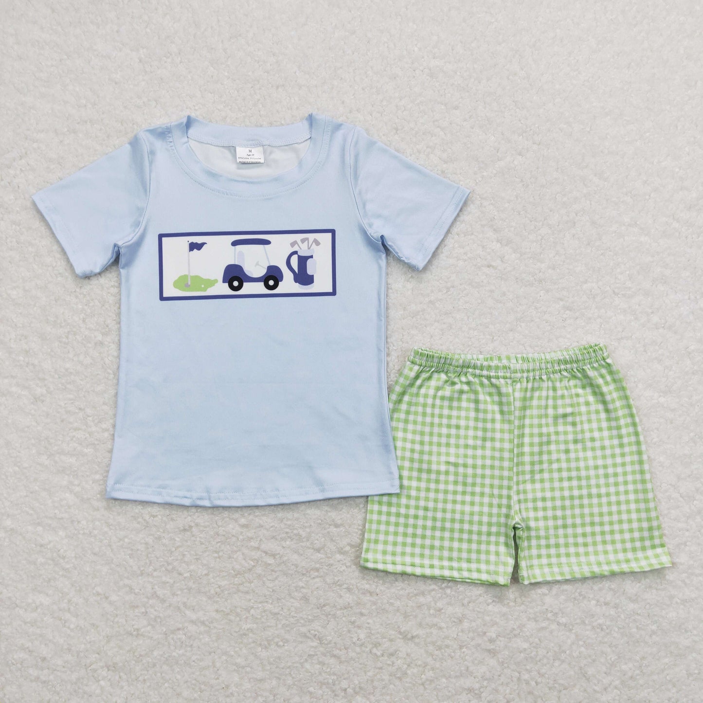 Baby Boys Light Blue Short Sleeves Golf Print Top Aqua Plaid Short Set
