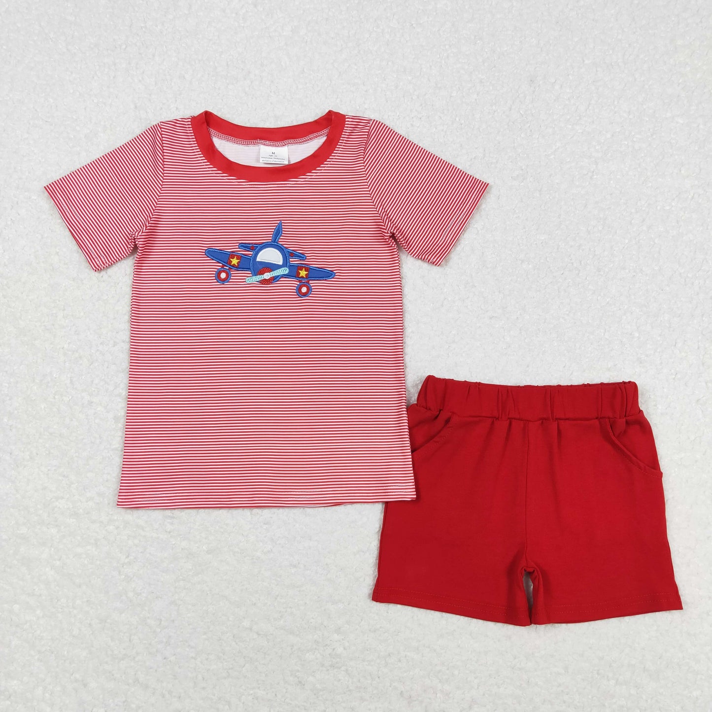 BSSO0995 Baby Boys Summer Embroidery Airplane Top matching Red Shorts Set