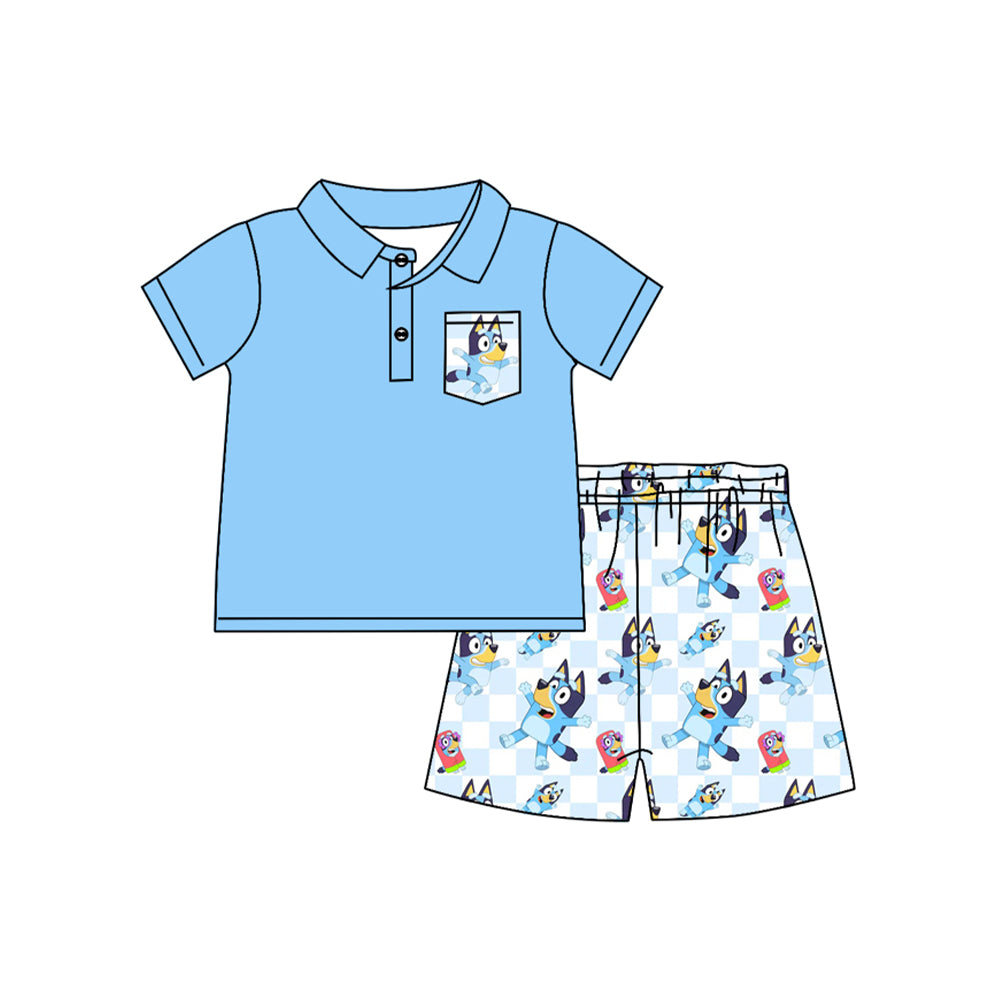 Baby Boys Blue Short Sleeves Button Down Pocket Top Plaid Cartoon Blue Dogs Shorts Set Preorder