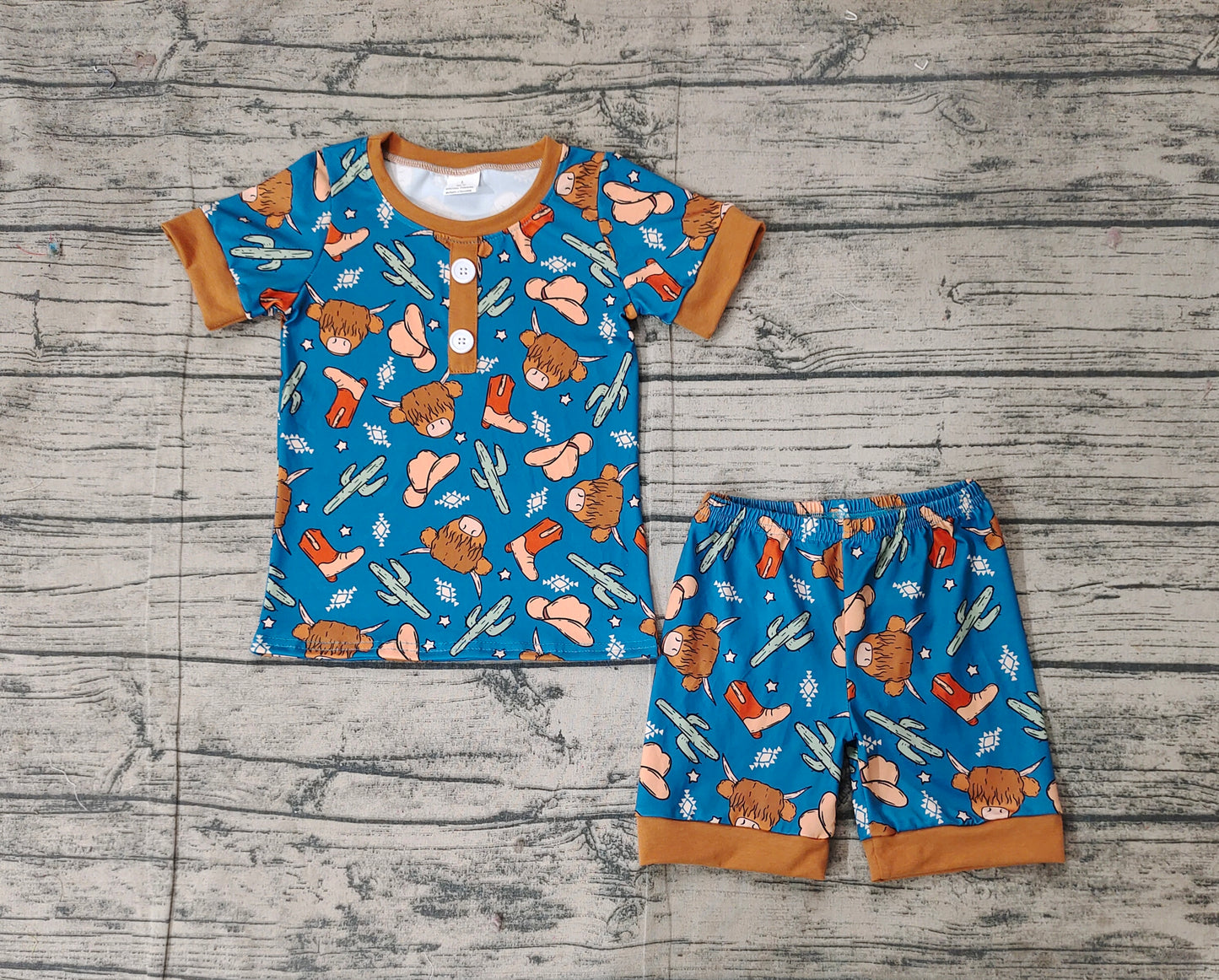Baby Boys Navy Short Sleeves Button Down Highland Cows Cactus Top Short Western Pajamas Set Preorder