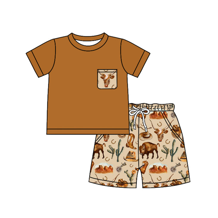 Baby Boys Brown Short Sleeves Pocket Top Cactus Blue Skull Short Western Set Preorder