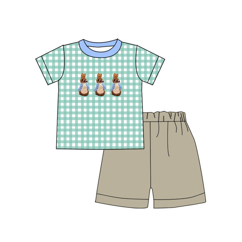 Baby Boys Aqua Plaid Short Sleeves Bunny Top Olive Short Easter Set Preorder