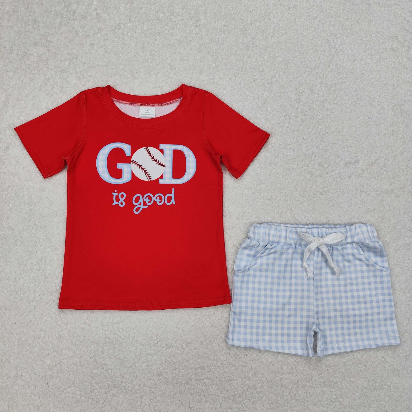 Baby Boys Red Short Sleeves God Is Good Top Blue Pockets Plaid Short Set